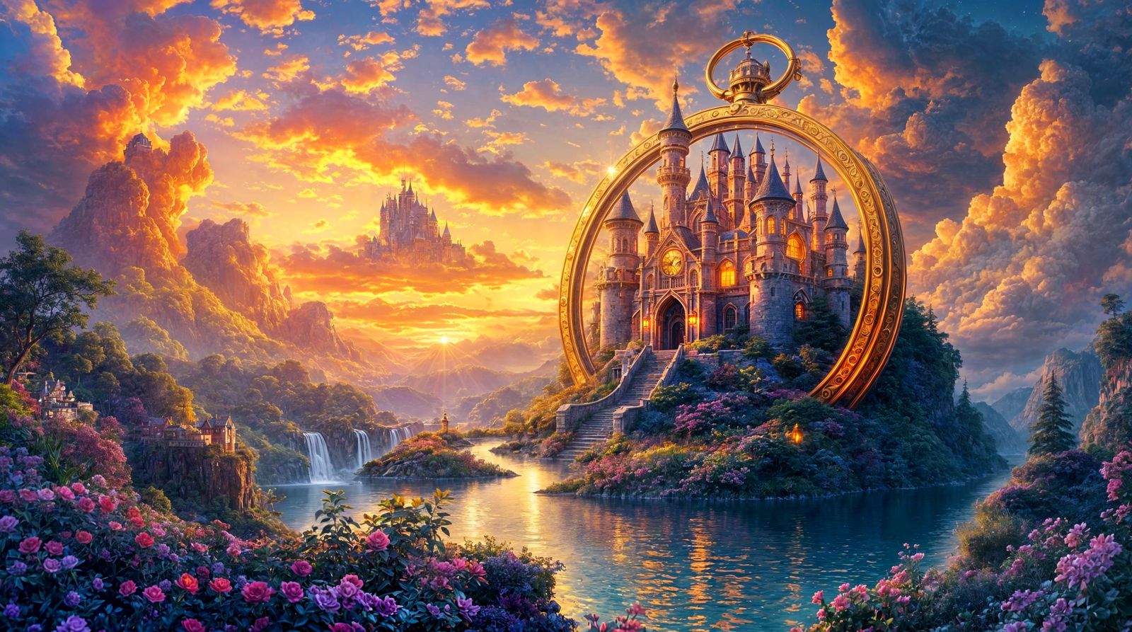 Fairytale Castle in Golden Pocket Watch at Sunset