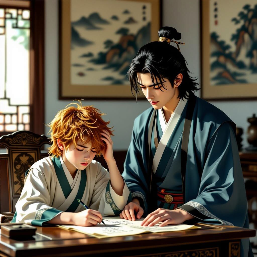 Brothers Doing Homework in Traditional Chinese Room