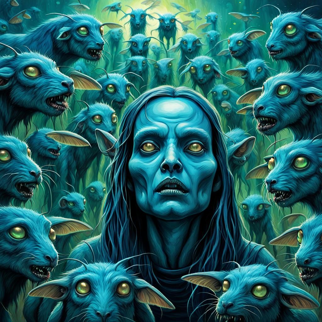 Glowing Alien Goddess Amidst Biomechanical Swarm