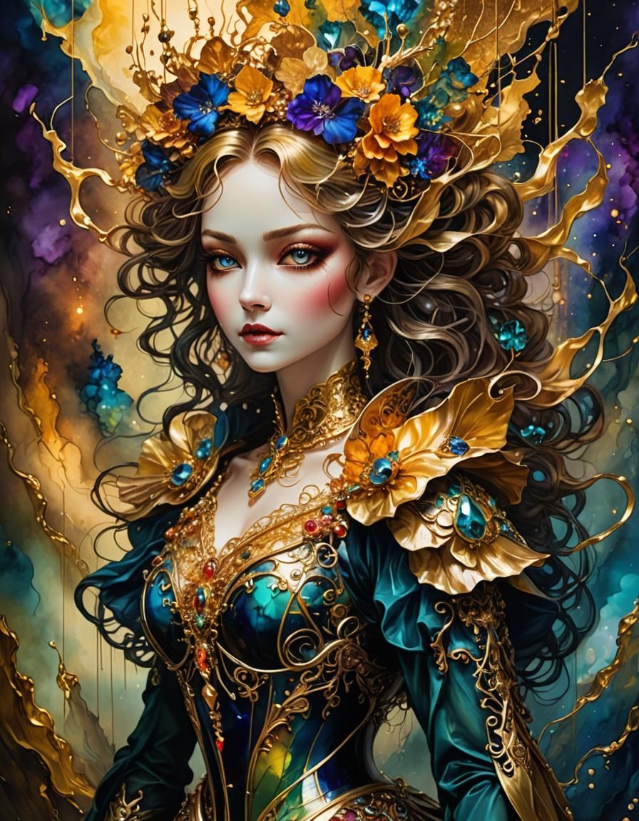 Fantasy Marionette with Gold Splash in Stained Glass Style