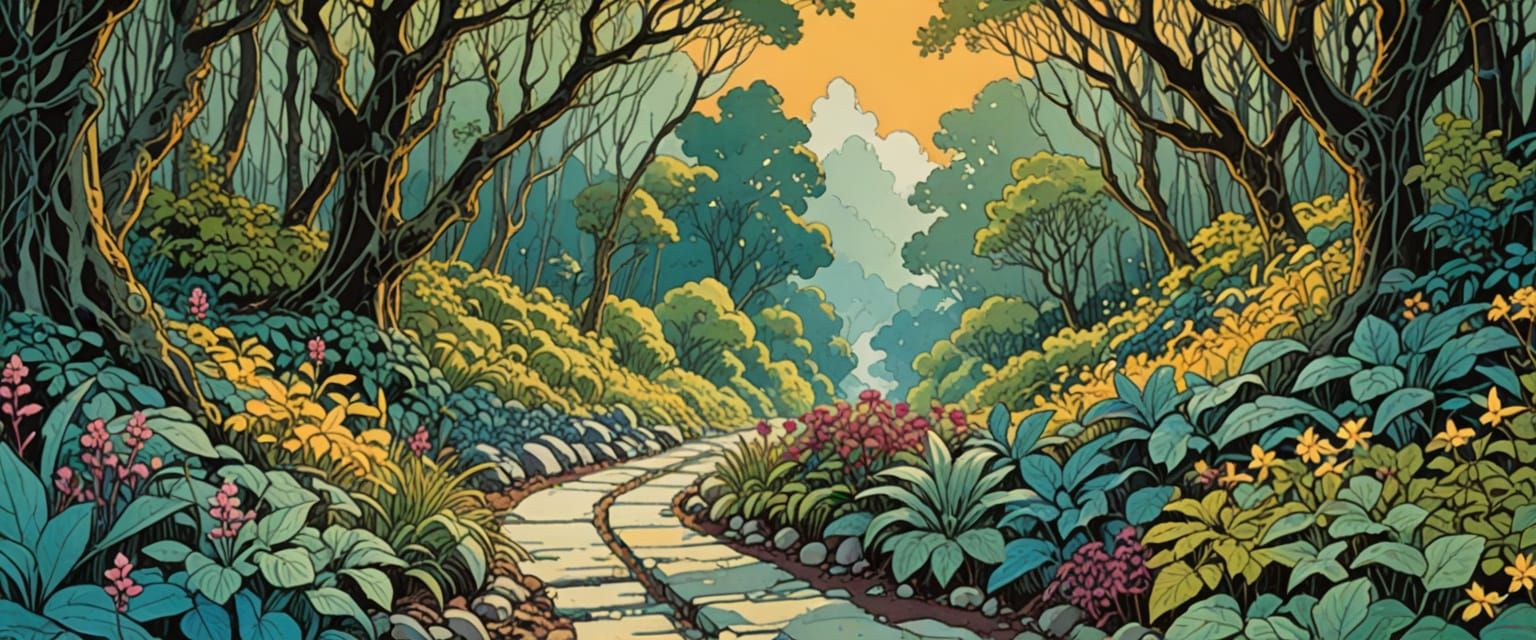 Soul's Journey on a Polished Forest Path in Retro Comic Styl...