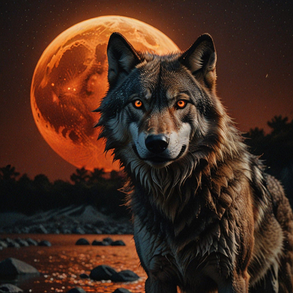 Wolf Under the Orange-Red Moonlight