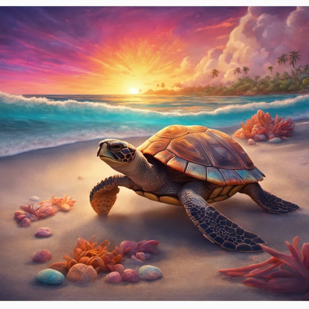 Colorful Mandala Turtle Sunset: Pixar-Style 3D Digital Art