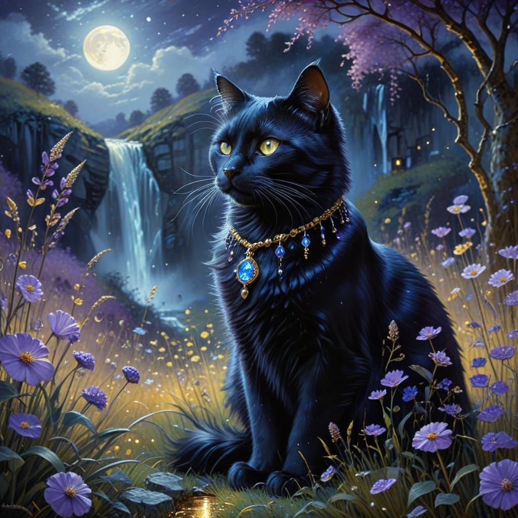 Dreamy Whimsical Oil Painting of a Black Cat in Moonlit Land...