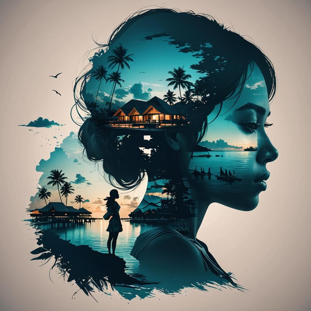 Maldives Panorama Merged with Girl Silhouette