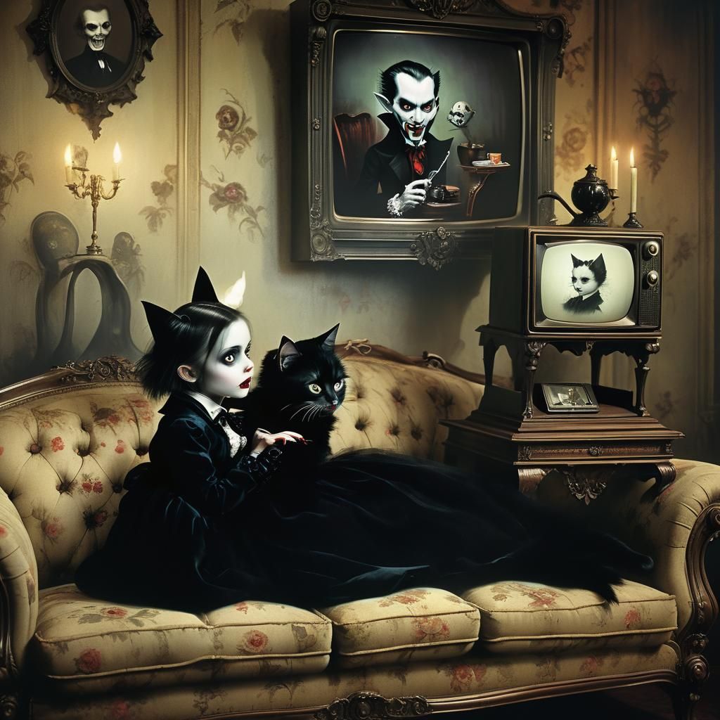 Delighted Vampire Watches TV: Vintage Photograph