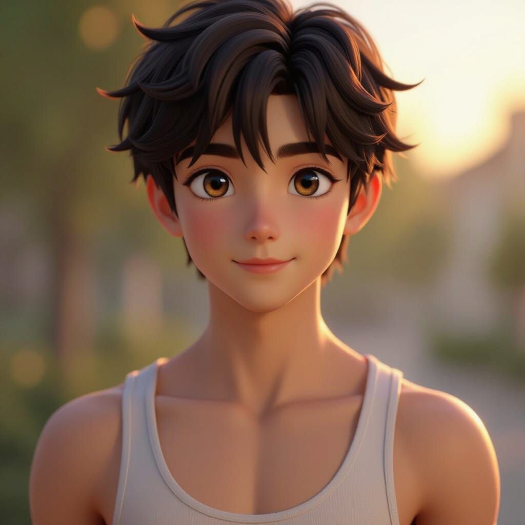 Anime Style Young Man With Toned Abs in Golden Hour Glow