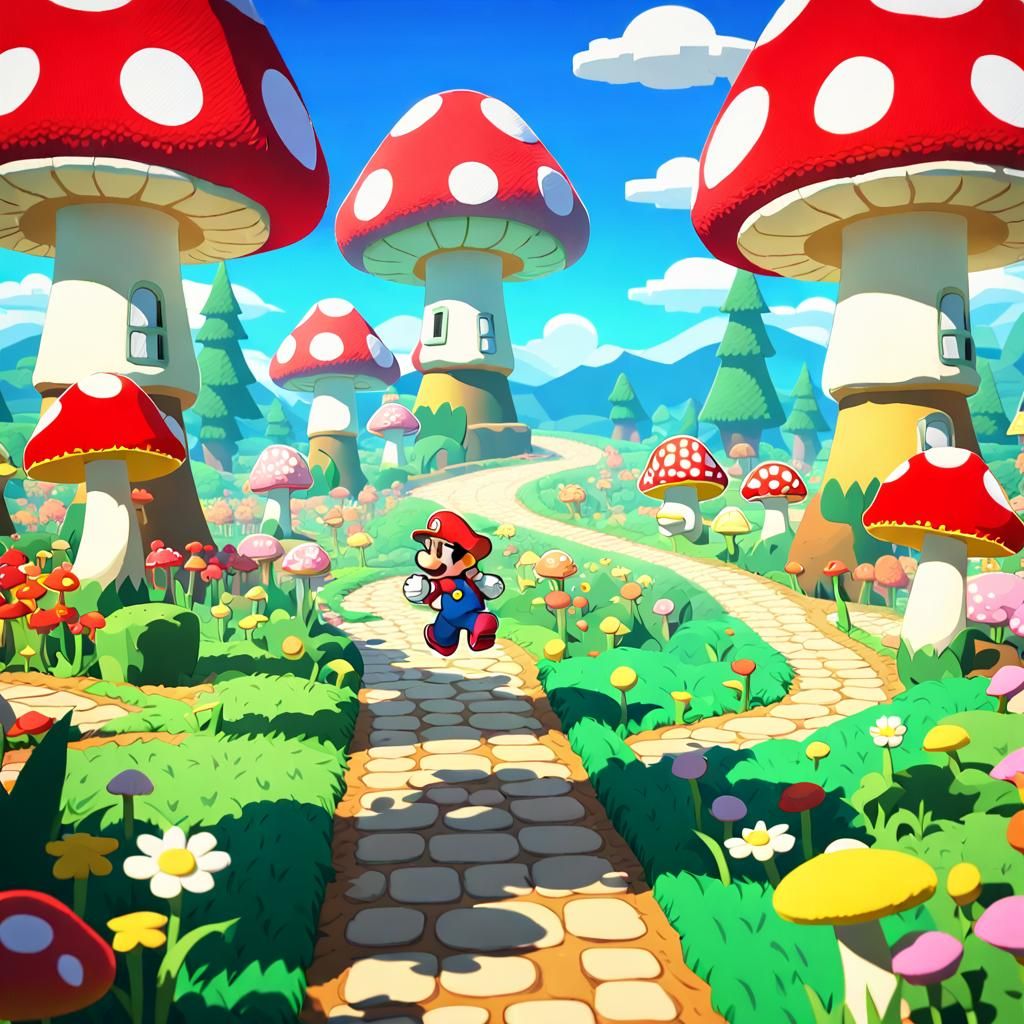 Mario in Colorful Mushroom Kingdom: Paper Mario Style