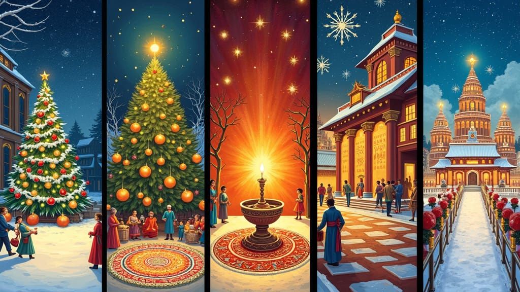 Five Festive Holiday Panels in Vibrant Cultural Styles