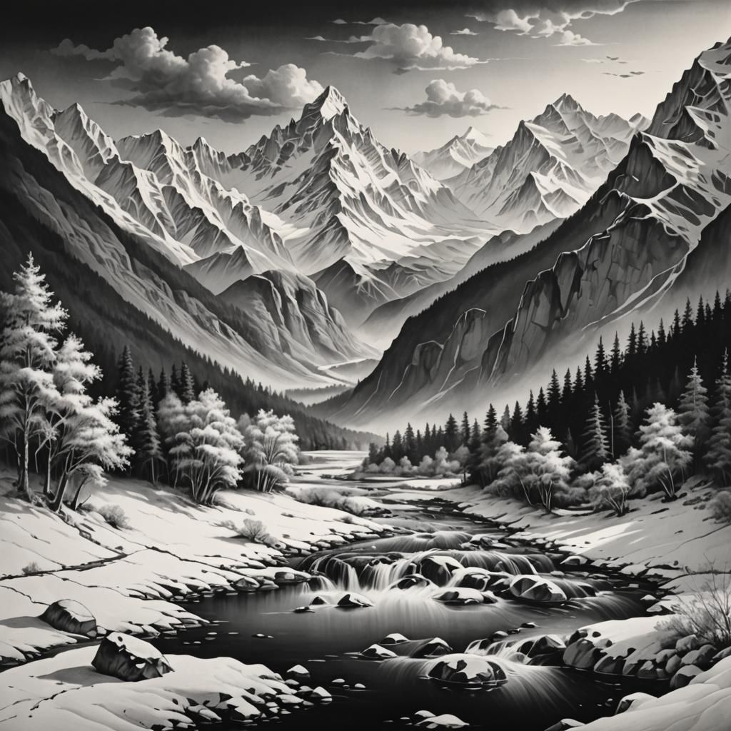 Monochrome Mountainscape with River in Matte Style