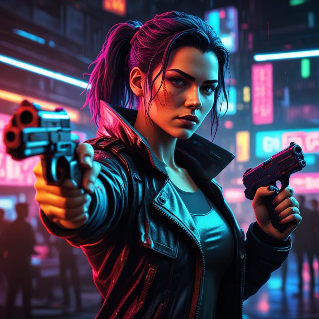 Cyberpunk Woman with Pistol in Comic Book Style