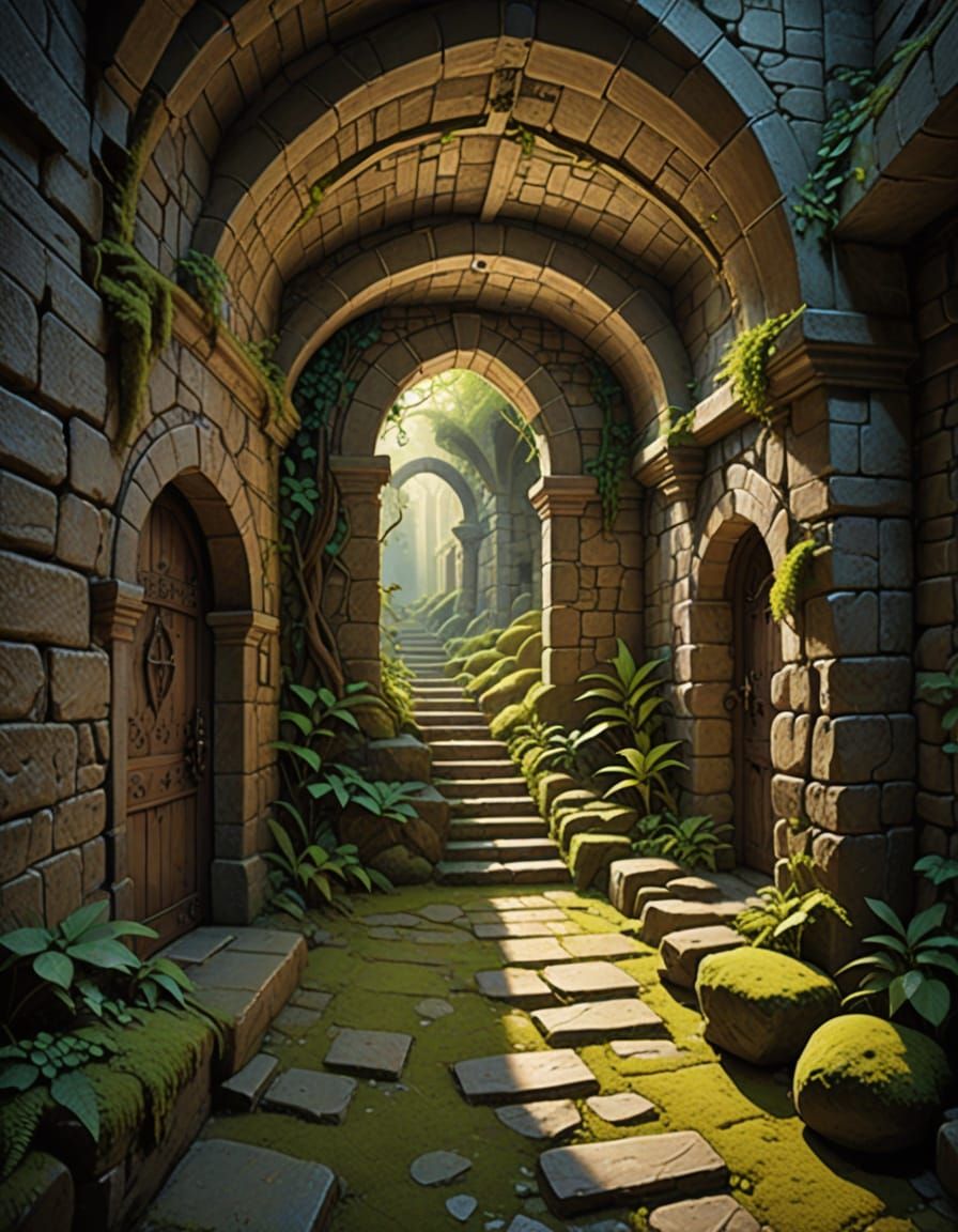 Dreamlike Dungeon Passageway with Glowing Runes in Fantasy A...