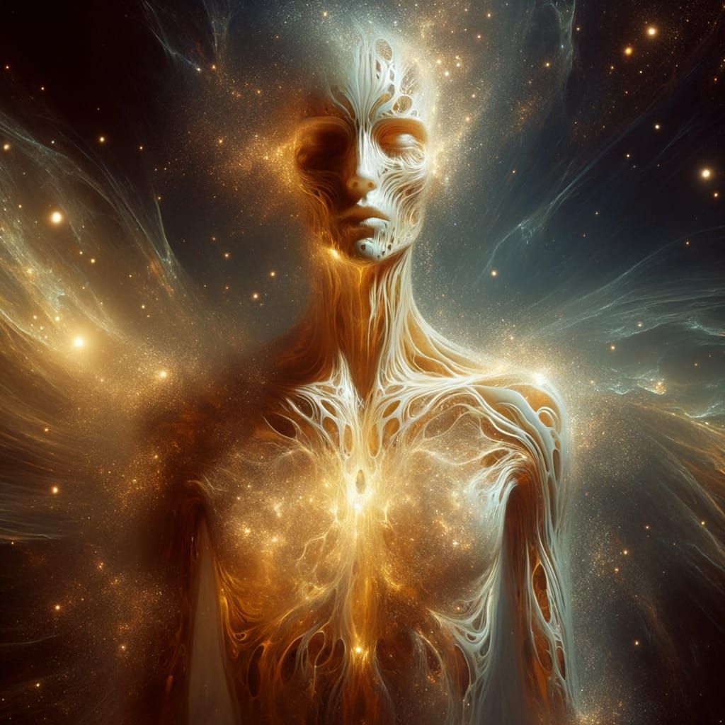 Cosmic Being Dissolving into Galaxies in Surreal Style