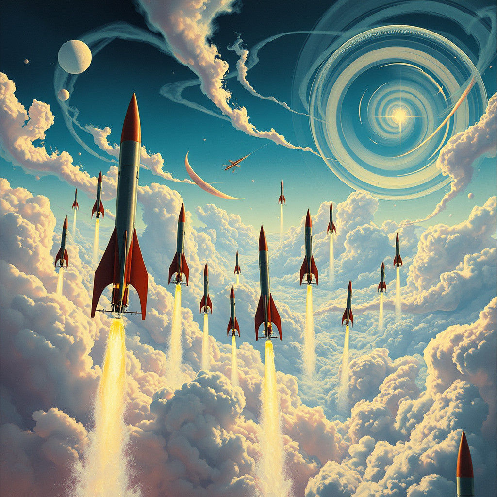 Surreal Rockets in Mystical Cloudswept Sky