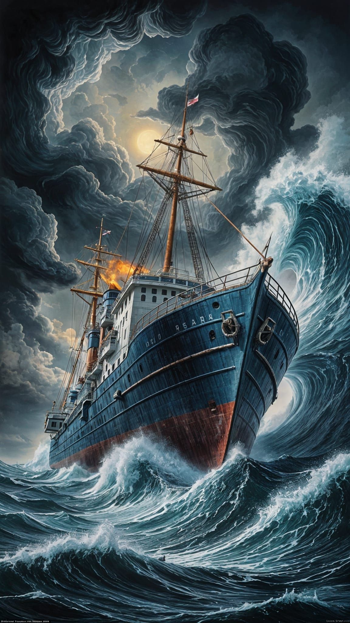 Stormy Seas Engulf a Powerful Blue Cargo Ship in a Fierce Te...