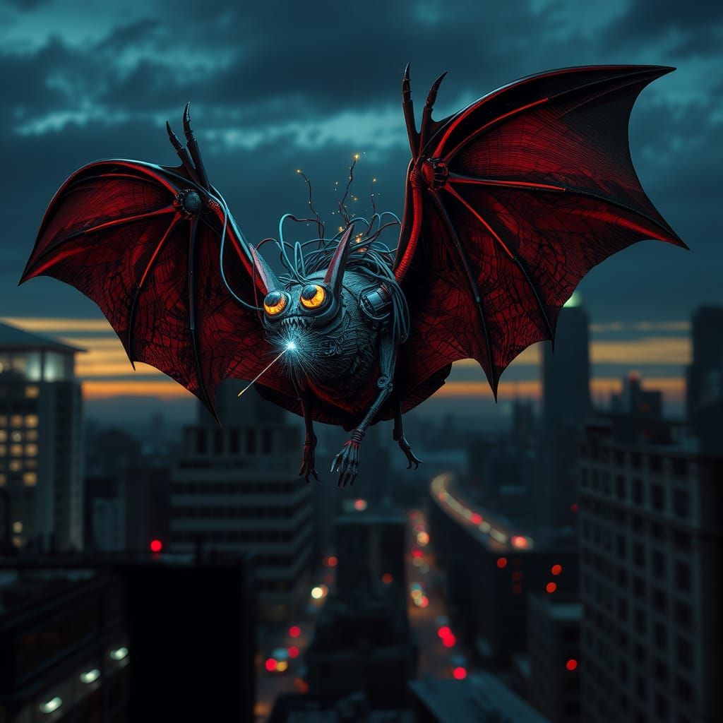 Cyberpunk Malfunctioning Bat in Gritty Cityscape