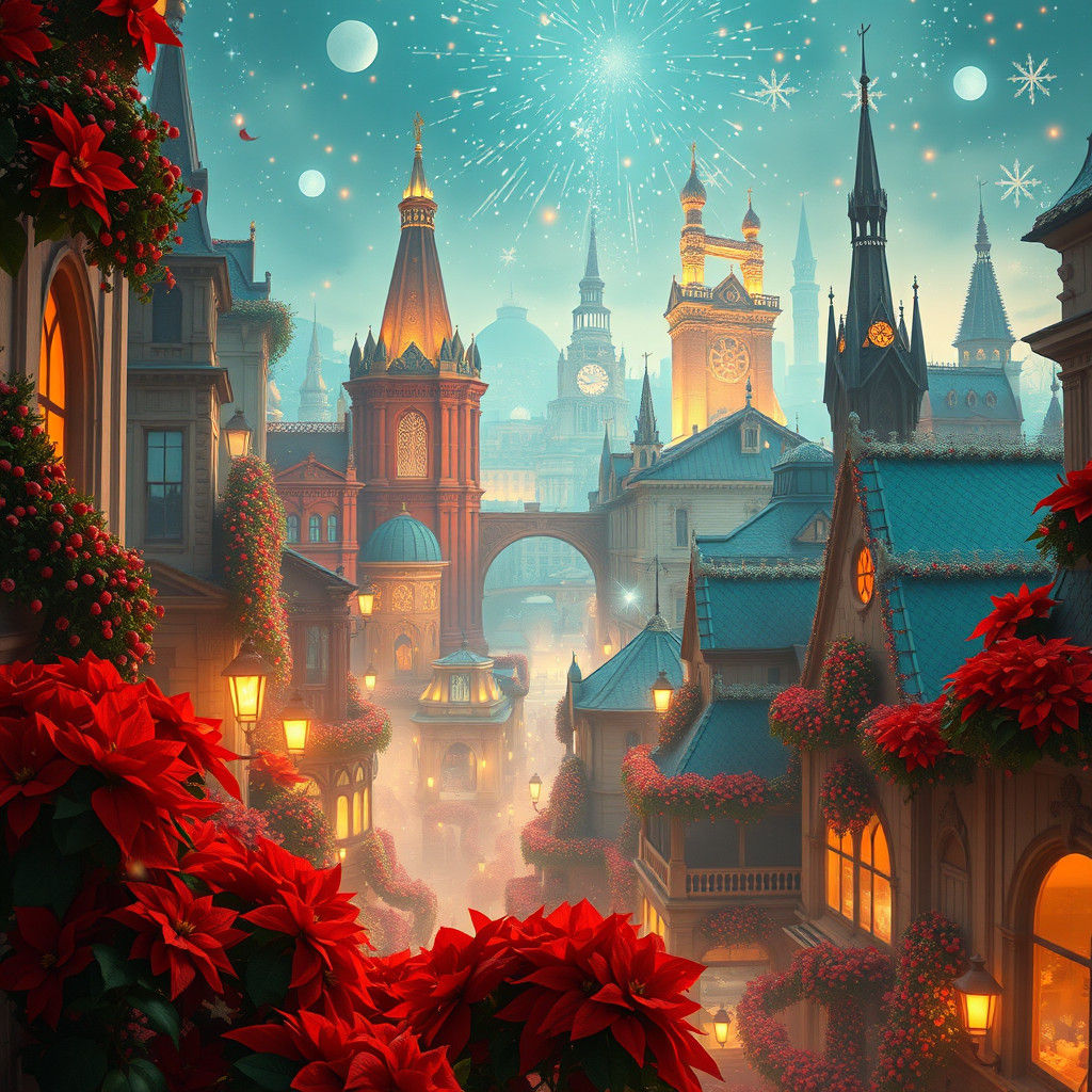 Whimsical Christmas Cityscape in Art Nouveau Style