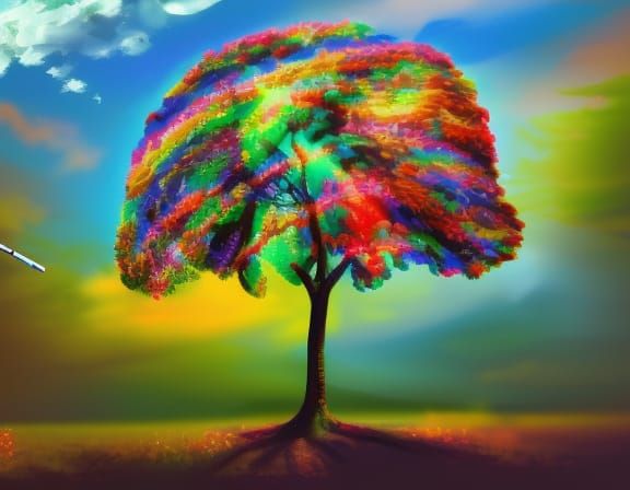Ecstatic Hippie Under Tree in Colorful Painting
