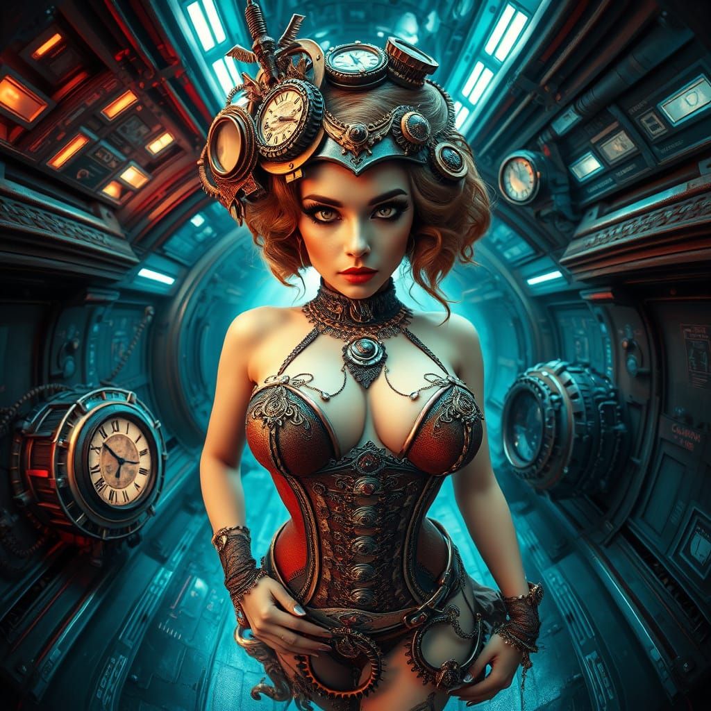 Steampunk Siren in Futuristic Backdrop
