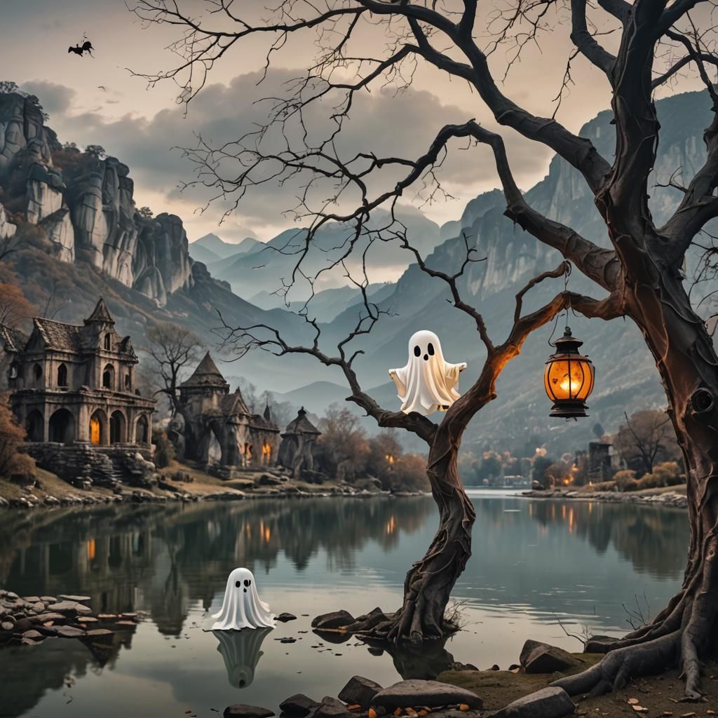 Halloween Tree with Ghost and Lantern