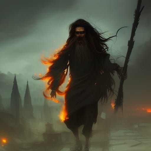 Wizard in Burning City: Hyperdetailed Digital Art