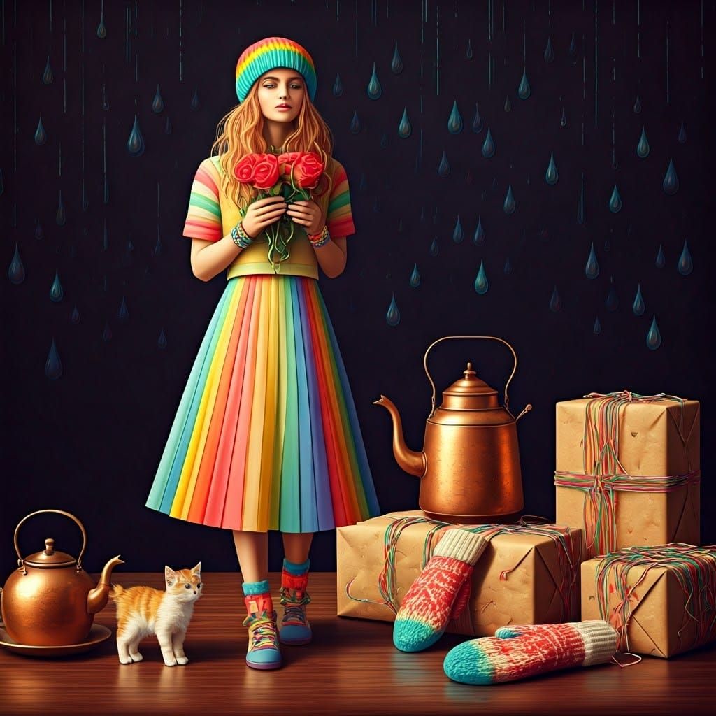 Rainbow Woman Amidst Whimsical Delights: Dreamy Illustration