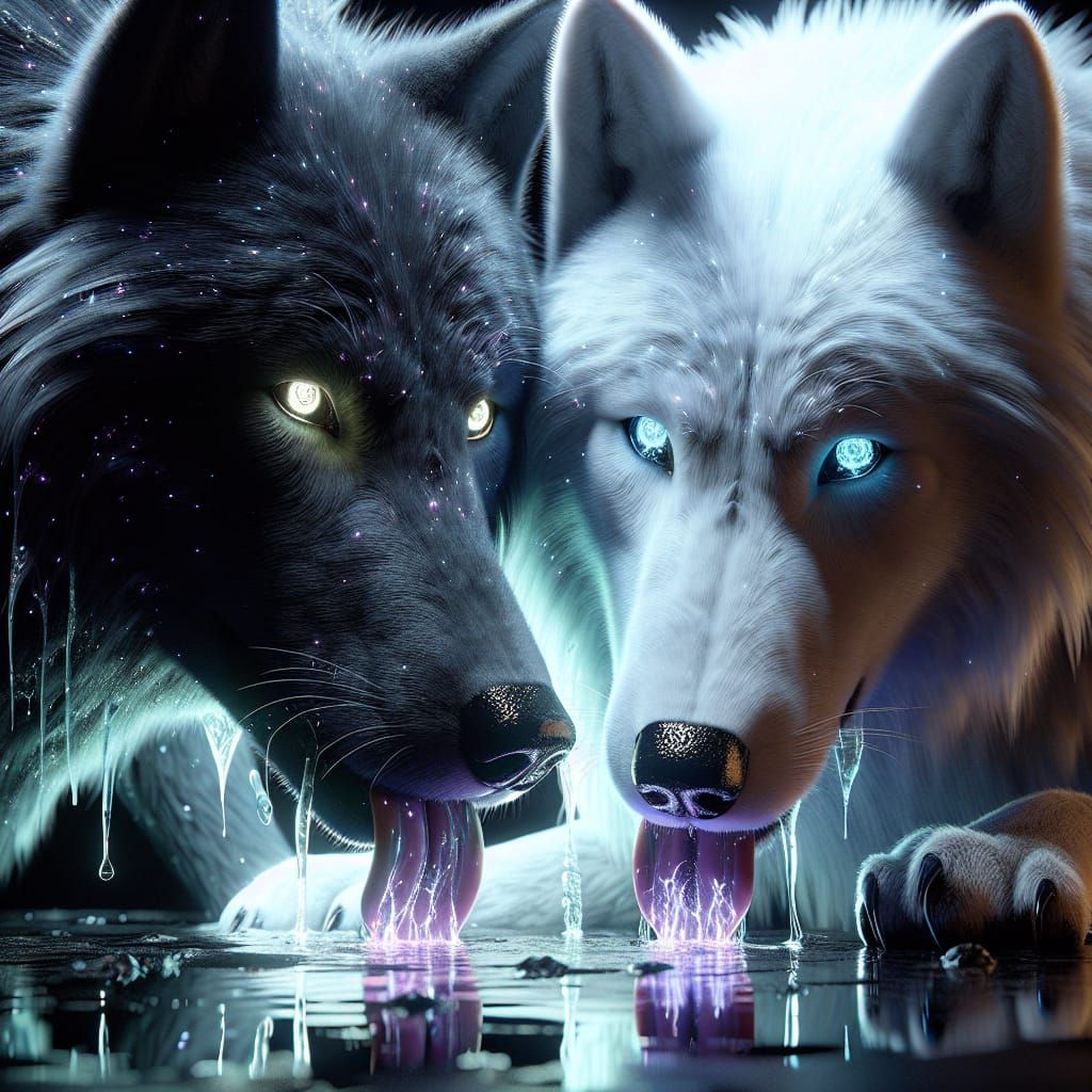 Bioluminescent Wolves Drinking: Photorealistic CGI Masterpie...