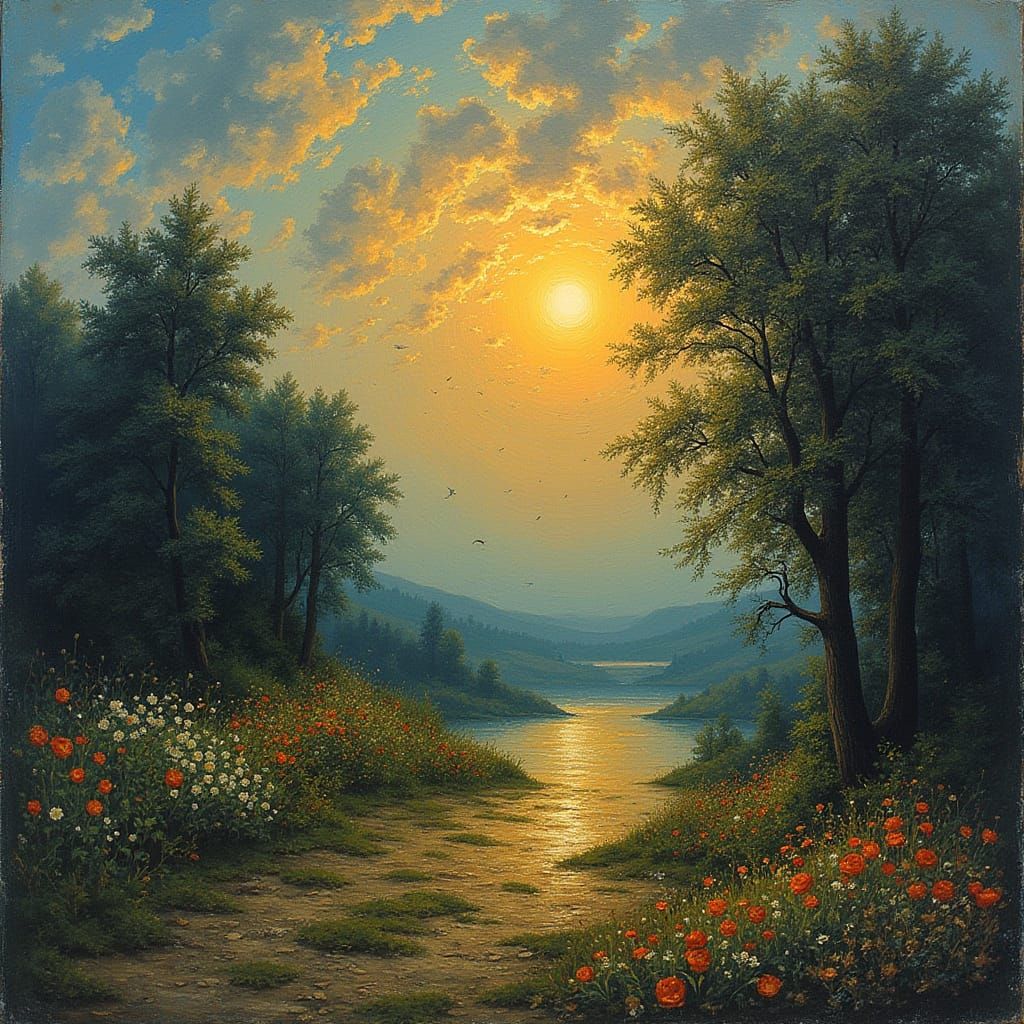 Woman in Flower Field at Sunset: Impressionist Painting