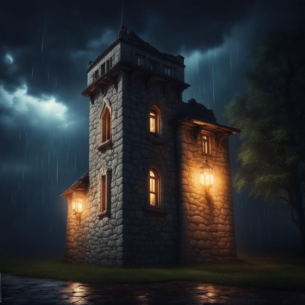 Ethereal Stone Tower in Rain at Night
