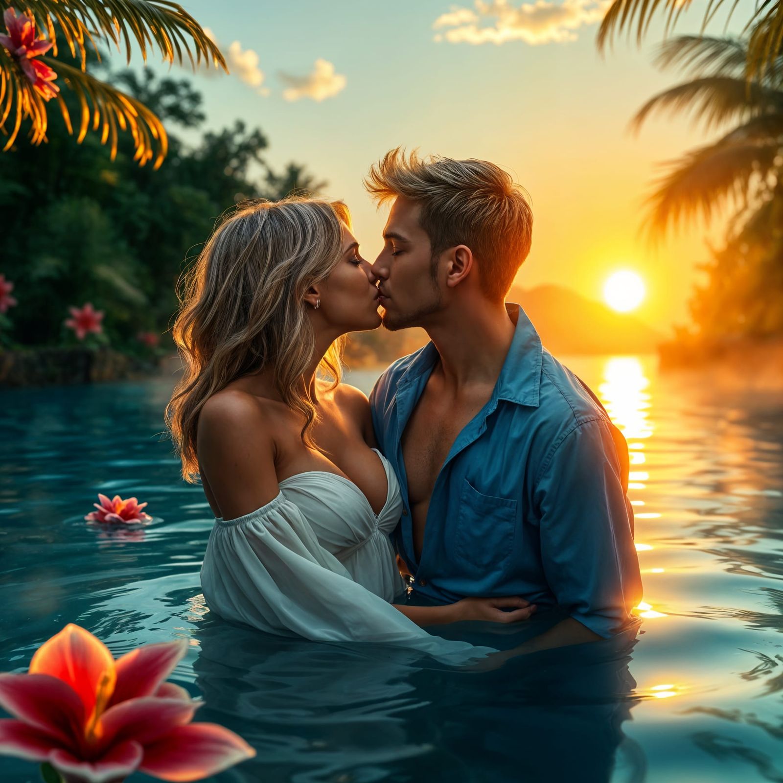 Romantic Kiss in Blue Lagoon, Detailed Matte Painting