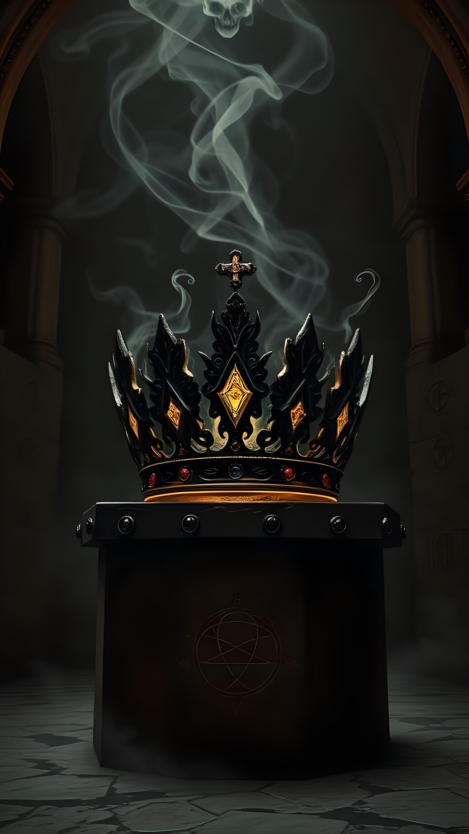 Cursed Crown on Ancient Altar in Shadows