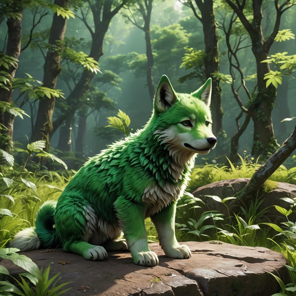 Green Wolf Cub in 3D Anime Art Style
