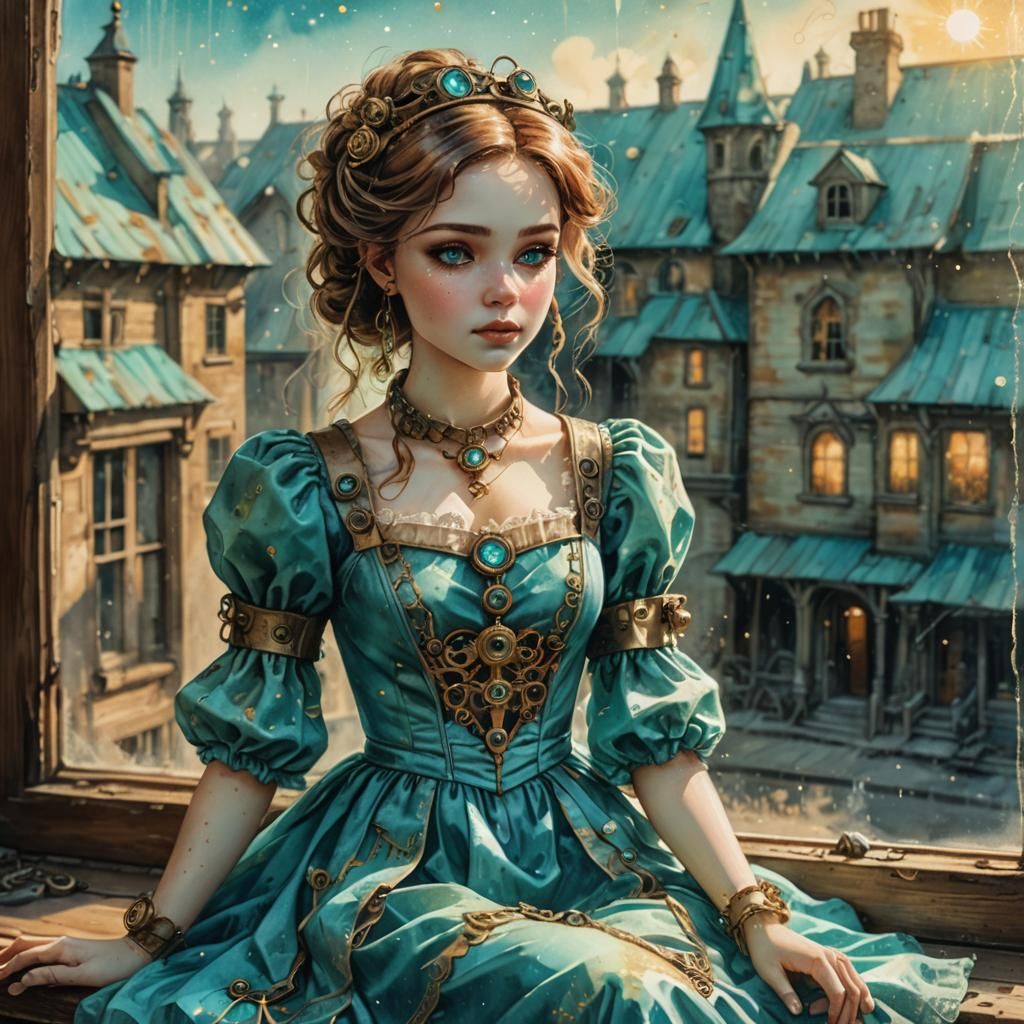 Steampunk Doll Illustration in Golden Hour Light