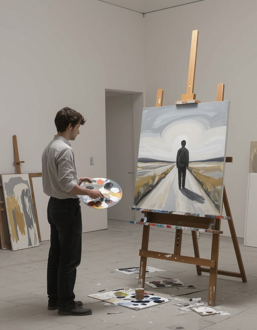 Man Paints Solitude in Muted Tones