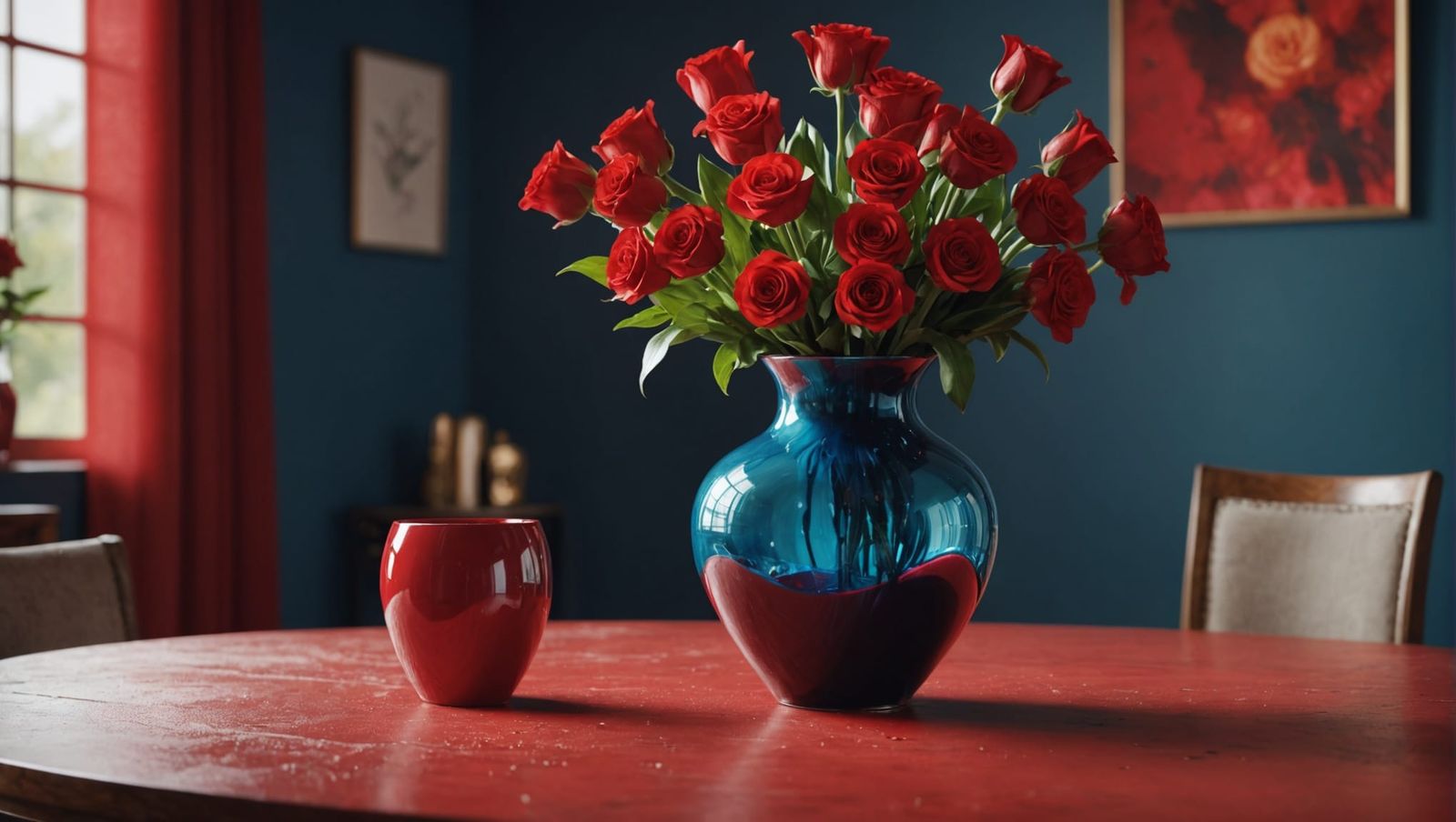 Red Vase on Table: Hyperrealistic Splash Art