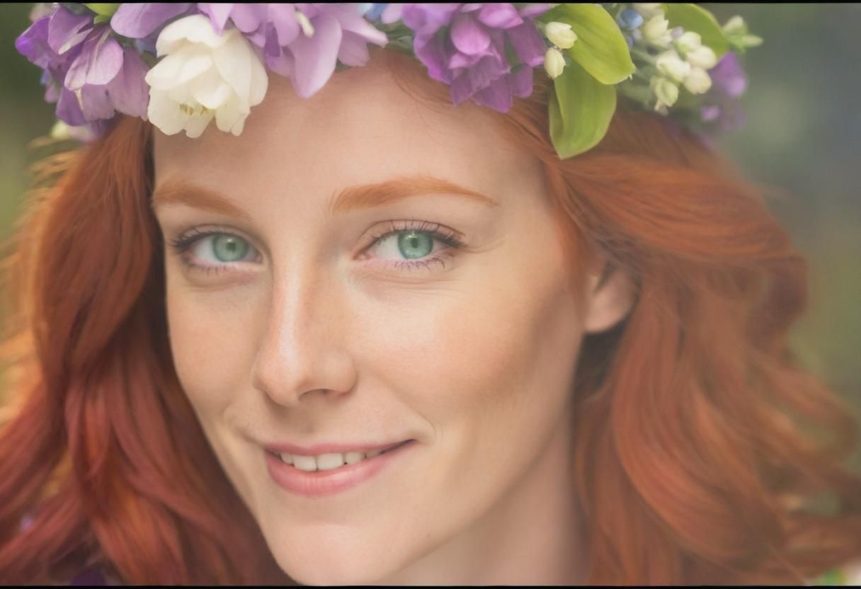 Red-Haired Woman with Floral Crown Close-Up