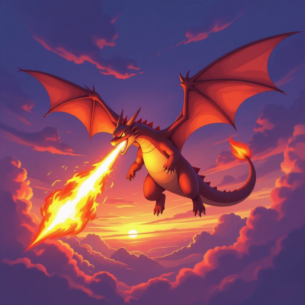 Charizard Soaring Through Fiery Sunset Sky