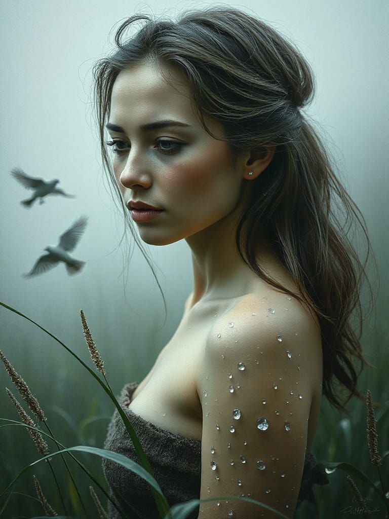 Ethereal Woman Emerges from Misty Morning Oil Painting