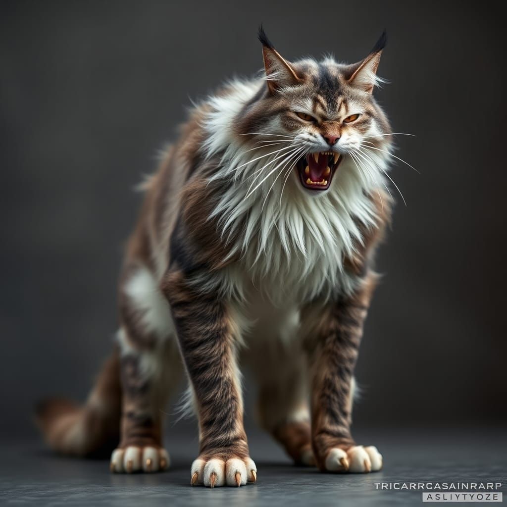 Muscular Anthropomorphic Cat Roaring in Hyper-Realistic Styl...