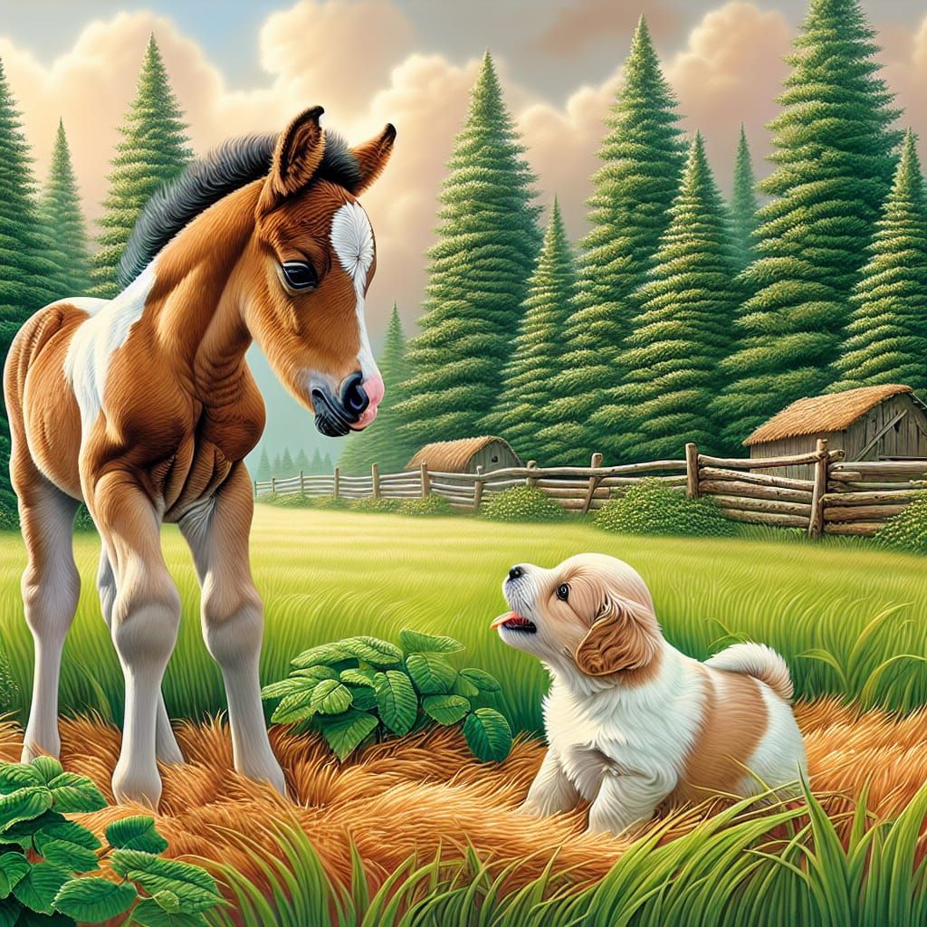 Adorable Foal and Puppy Playing in Sunny Field