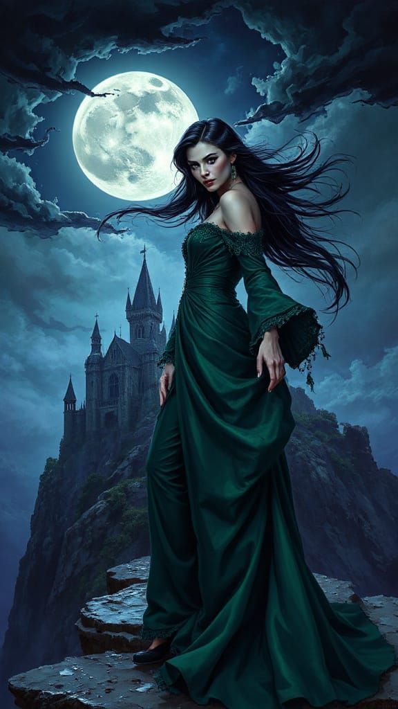 Archvillainess in Emerald Gown on Stormy Night