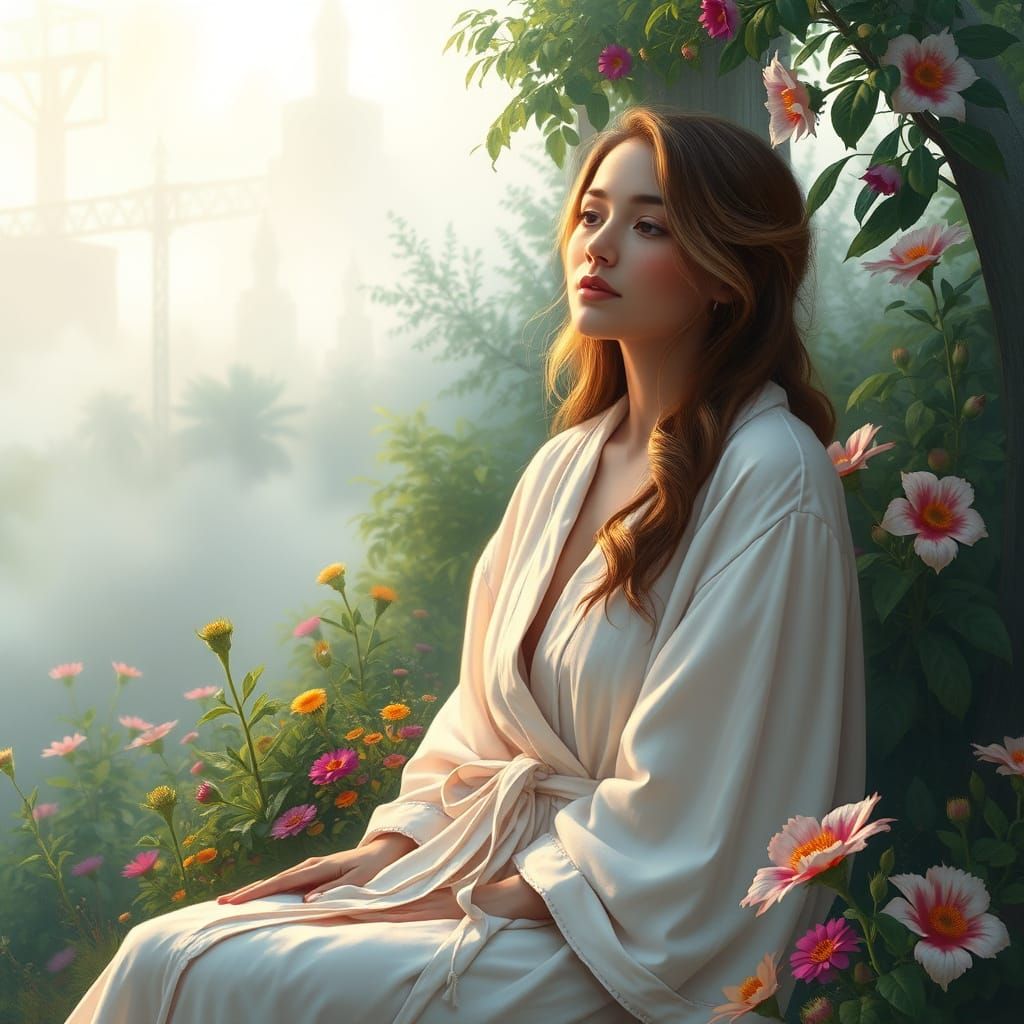 Woman Waking in Serene, Hyperrealistic Landscape