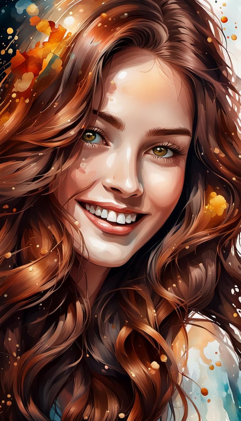 Woman's Joyful Reflection in Hyperrealistic Alcohol Ink Art