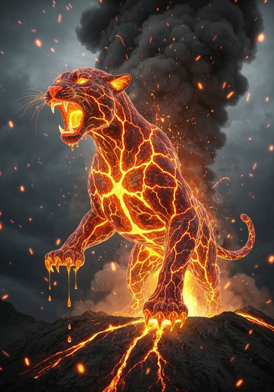 Molten Lava Panther Roars From Erupting Volcano