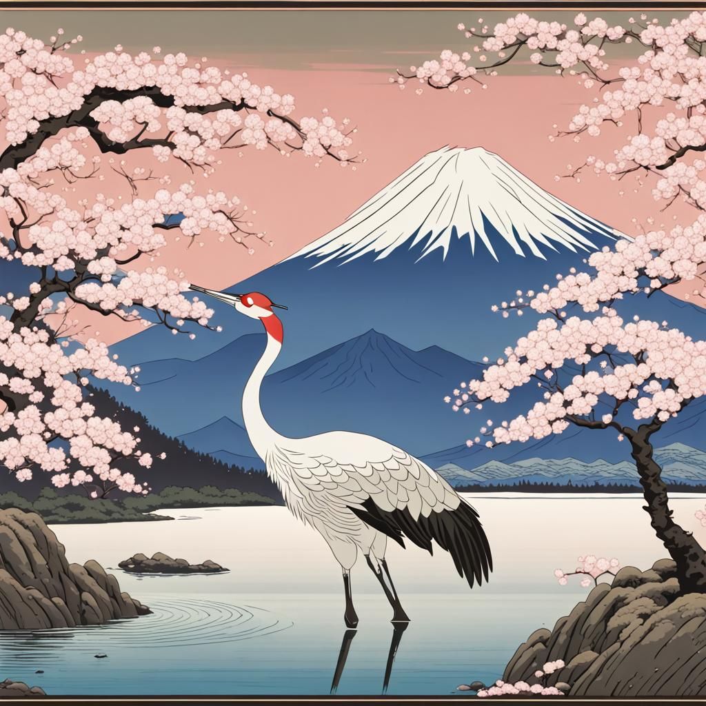 Ukiyo-e Crane in Cherry Blossom Lake