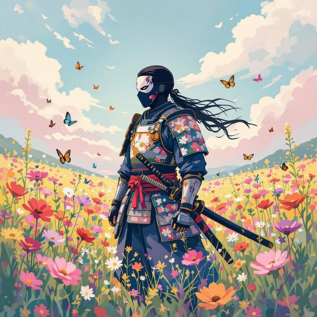 Lone Samurai in Wildflower Field: Watercolor Ghibli Style