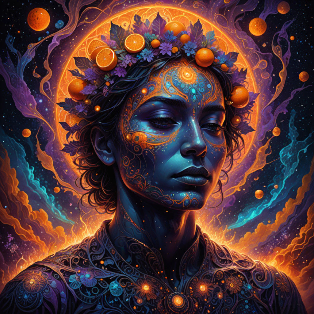 Ethereal Cosmic Portrait in Vibrant, Swirling Patterns