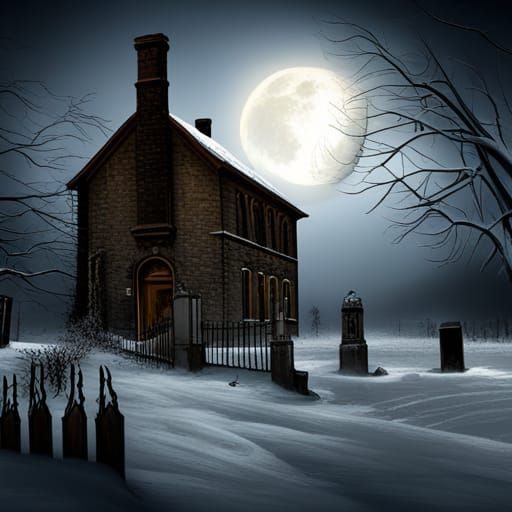 Haunted Gothic House in Snow with Ghosts