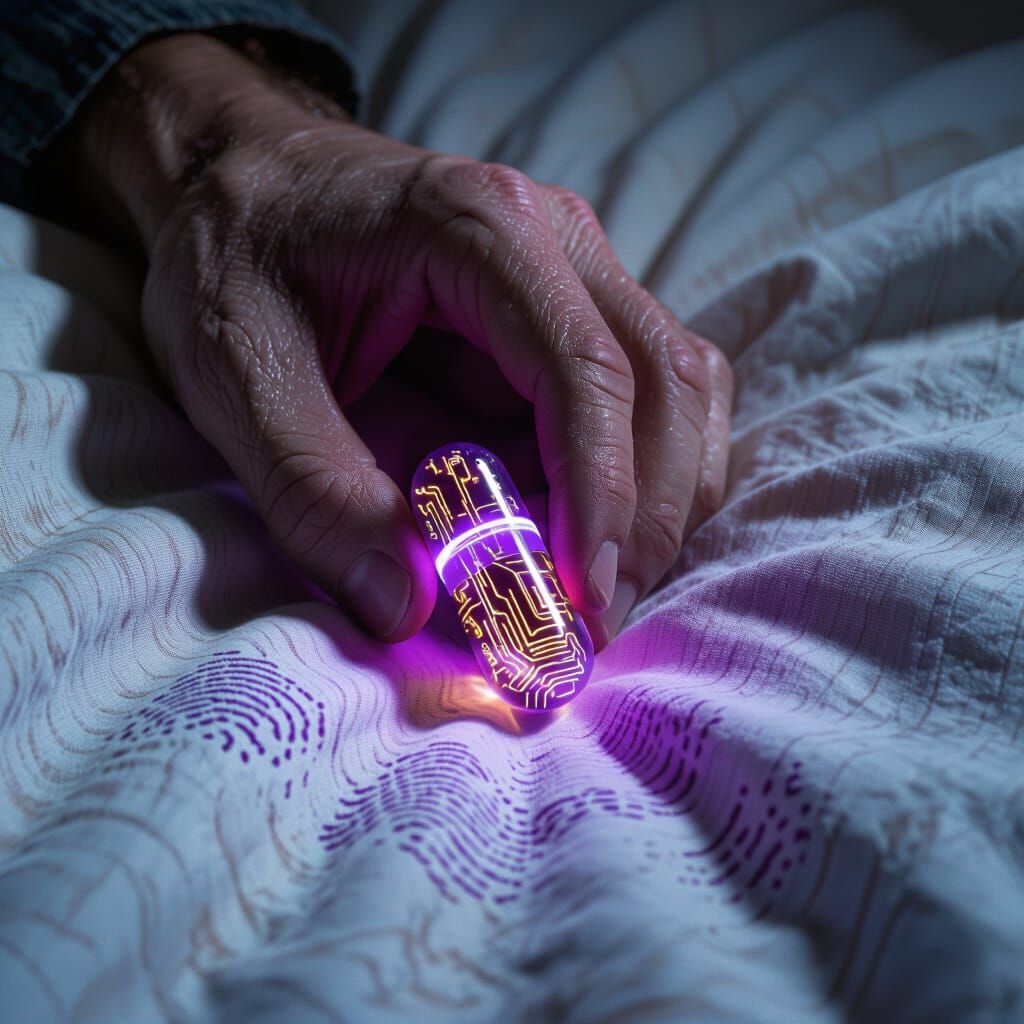Scarred Hand Holds Glowing Crystal Pill