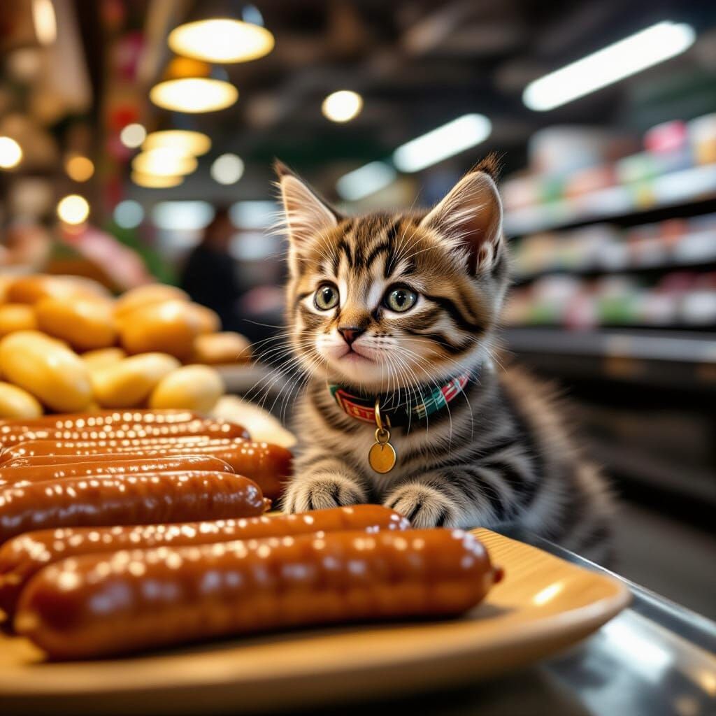 Kitten's Hungry Gaze: Hyper-Realistic Store Scene